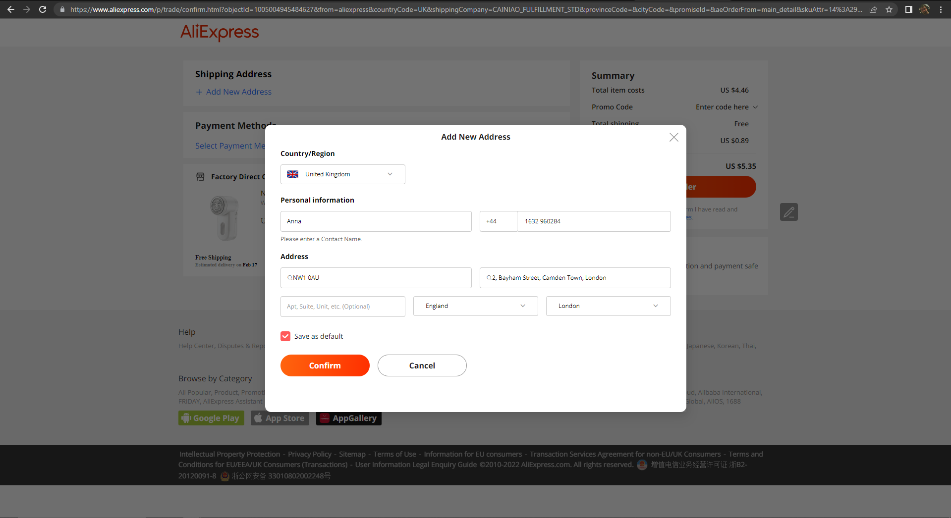 A correctly filled delivery form should look something like this: